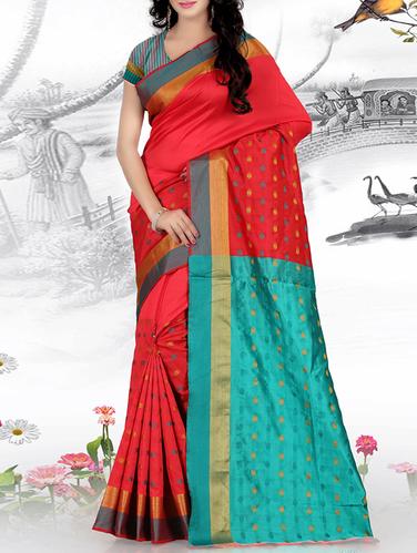 red silk blend woven saree with blouse - 14528433 - Very Small Image - 1