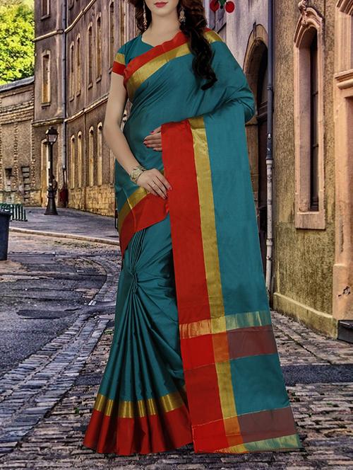 turquoise tussar silk bordered saree with blouse - 14528476 - Standard Image - 1