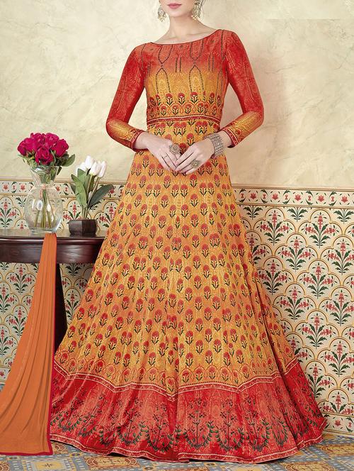 orange satin anarkali semi-stitched suit - 14528586 - Very Small Image - 1