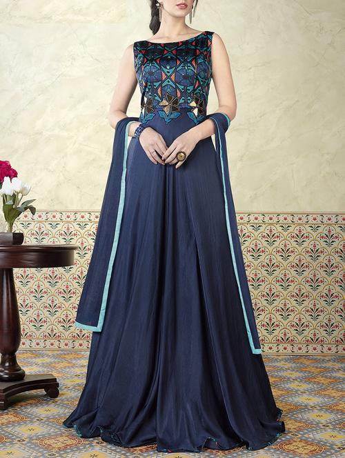 blue satin flared semi-stitched suit - 14528590 - Very Small Image - 1