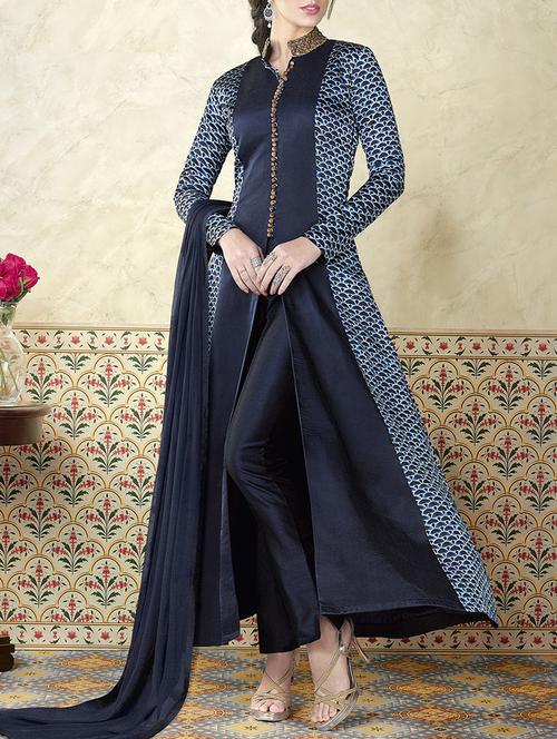 blue satin a-line semi-stitched suit - 14528591 - Very Small Image - 1