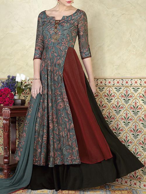 grey silk flared semi-stitched suit - 14528601 - Very Small Image - 1