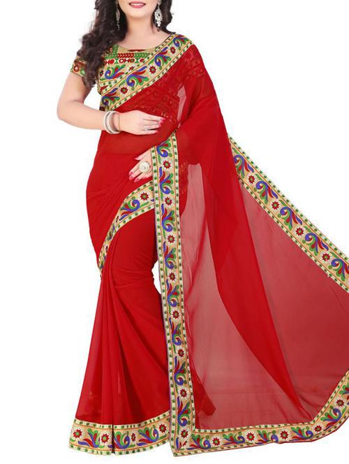 red georgette bordered saree - 14528813 - Very Small Image - 1