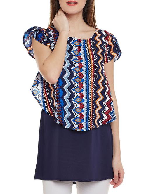 Navy blue crepe printed a-line tunic - 14528898 - Standard Image - 1