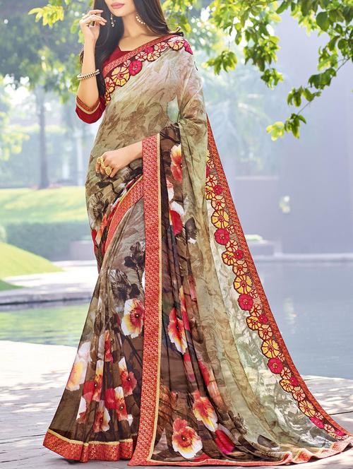 brown georgette printed saree with blouse - 14529361 - Very Small Image - 1
