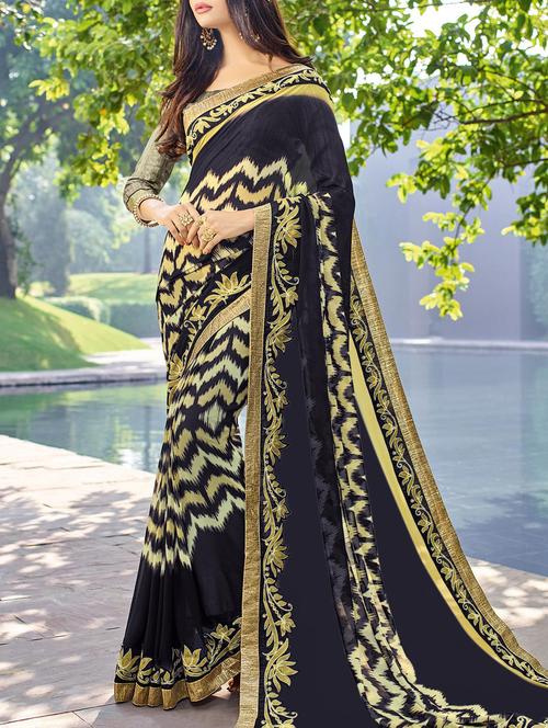 black georgette printed saree with blouse - 14529362 - Very Small Image - 1