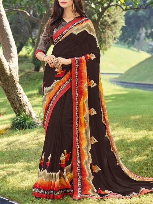 brown georgette embroidered saree with blouse - 14529366 - Very Small Image - 1