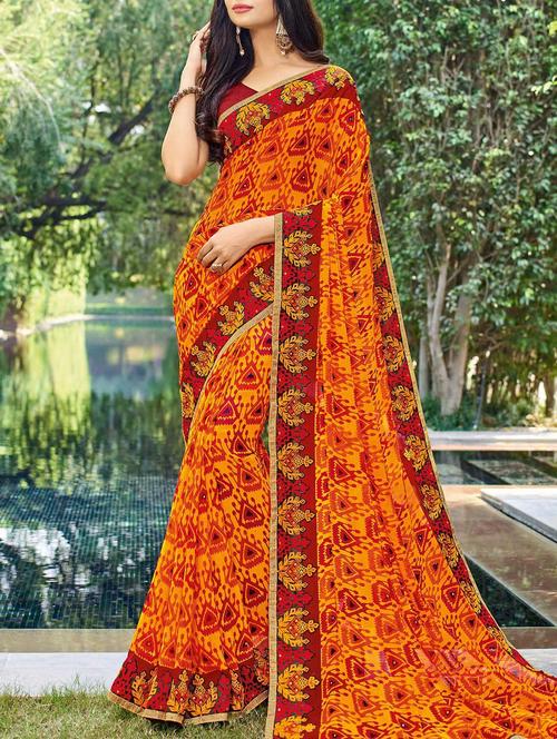 orange georgette printed saree with blouse - 14529367 - Very Small Image - 1