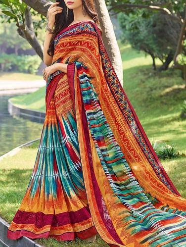 multi colored georgette printed saree with blouse - 14529369 - Very Small Image - 1