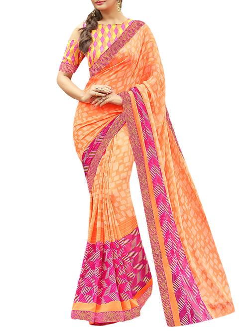 orange georgette printed saree with blouse - 14529375 - Very Small Image - 1