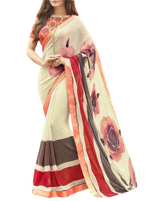 cream georgette printed saree with blouse - 14529376 - Very Small Image - 1