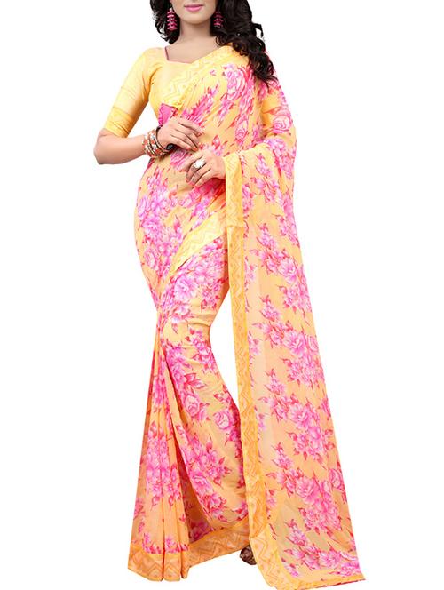 yellow georgette printed saree - 14529445 - Very Small Image - 1
