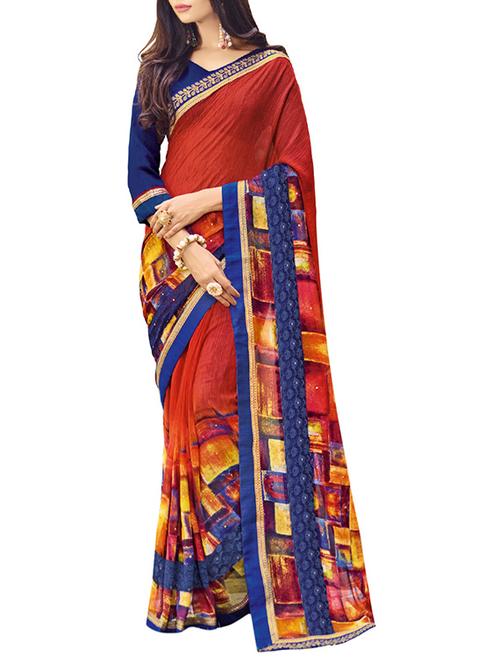 red georgette printed saree - 14529451 - Very Small Image - 1