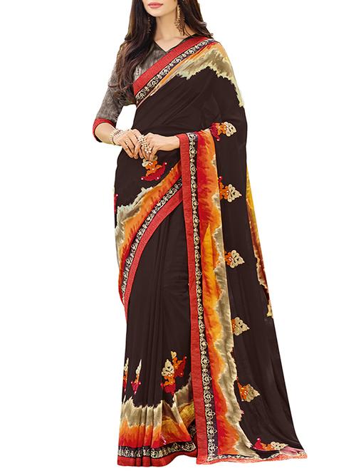 brown georgette printed saree - 14529455 - Very Small Image - 1