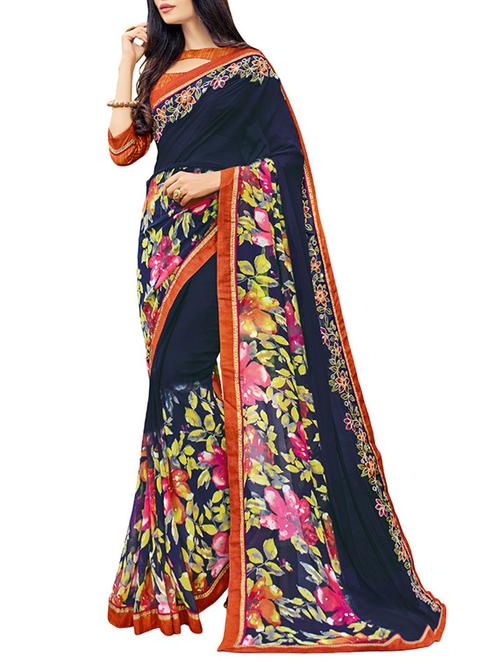 navy blue printed saree - 14529457 - Very Small Image - 1