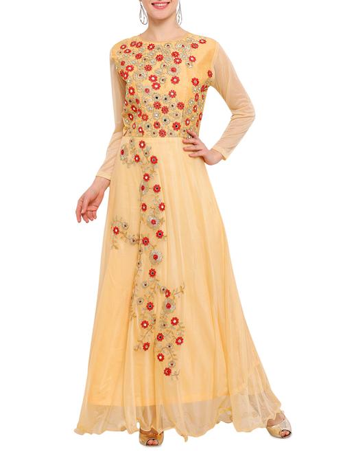 Yellow nylon fit & flare semi-stitched gown - 14529607 - Very Small Image - 1