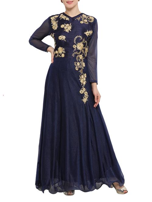 blue nylon fit & flare semi-stitched gown - 14529613 - Very Small Image - 1