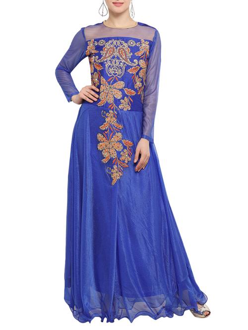 blue nylon fit & flare semi-stitched gown - 14529616 - Very Small Image - 1