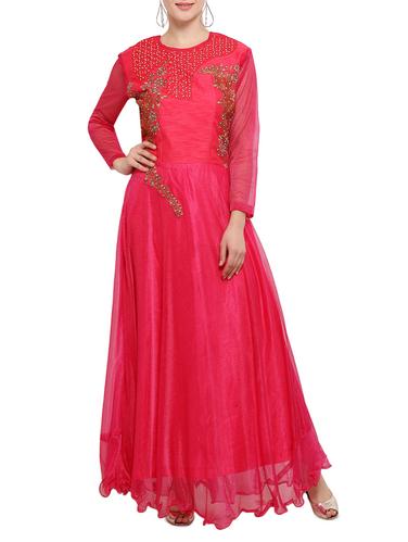 pink nylon fit & flare semi-stitched gown - 14529617 - Very Small Image - 1