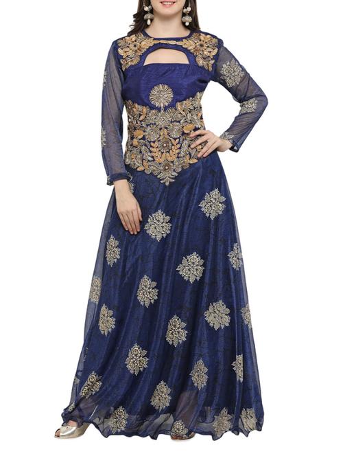 blue nylon fit & flare semi-stitched gown - 14529619 - Very Small Image - 1