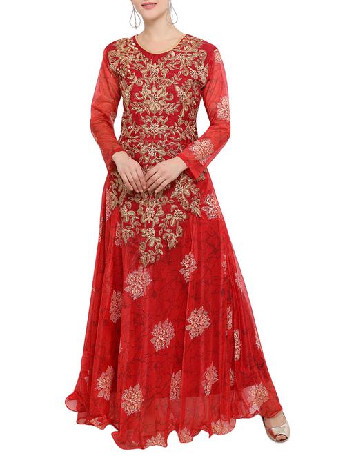 red nylon fit & flare semi-stitched gown - 14529620 - Very Small Image - 1