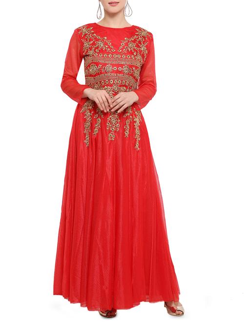 red nylon fit & flare semi-stitched gown - 14529623 - Very Small Image - 1