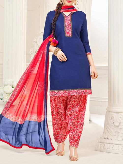 Navy Blue Cotton Blend Unstitched Dress Material - 14529717 - Very Small Image - 1