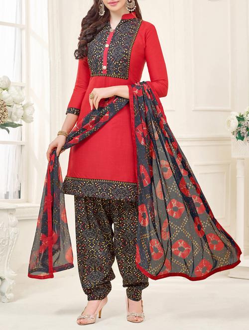 Red Cotton Blend Unstitched Dress Material - 14529724 - Standard Image - 1