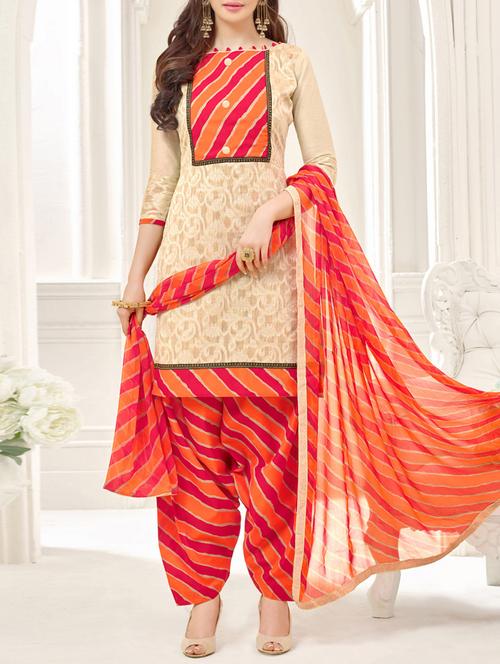 Biege Cotton Blend Unstitched Dress Material - 14529728 - Very Small Image - 1