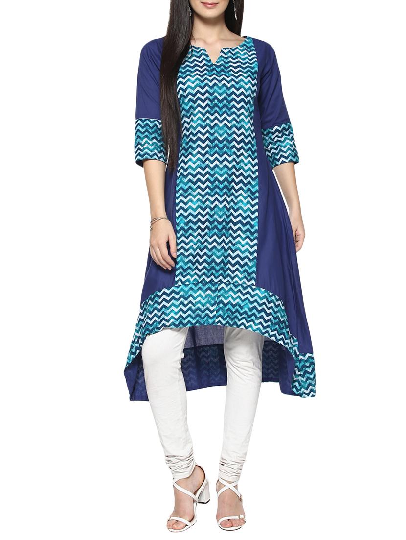 blue cotton high-low kurta - 14529779 - Zoom Image - 1