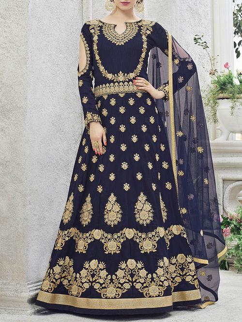 blue semi-stitched anarkali suit - 14530092 - Very Small Image - 1