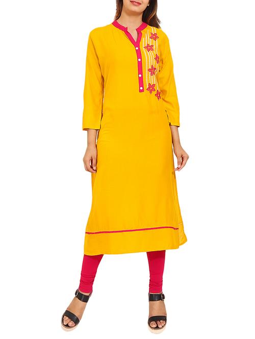 yellow rayon straight kurta - 14531355 - Very Small Image - 1
