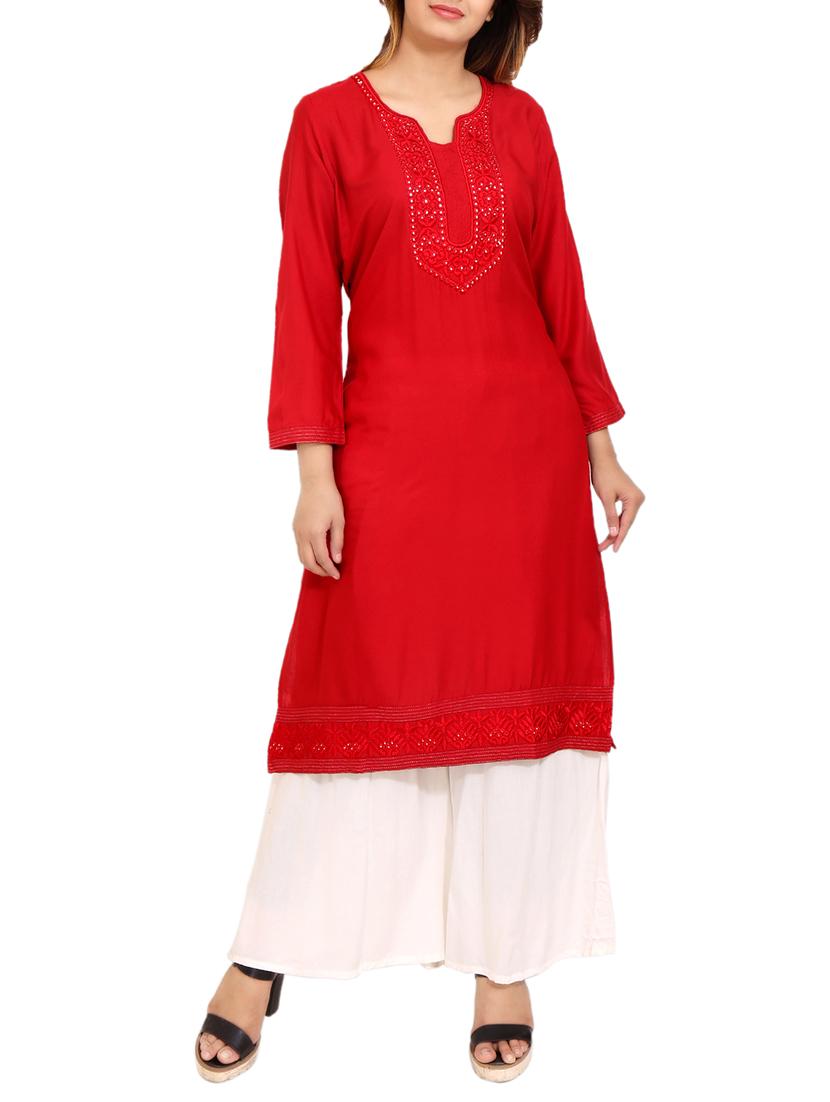red rayon straight kurta - 14531363 - Zoom Image - 1