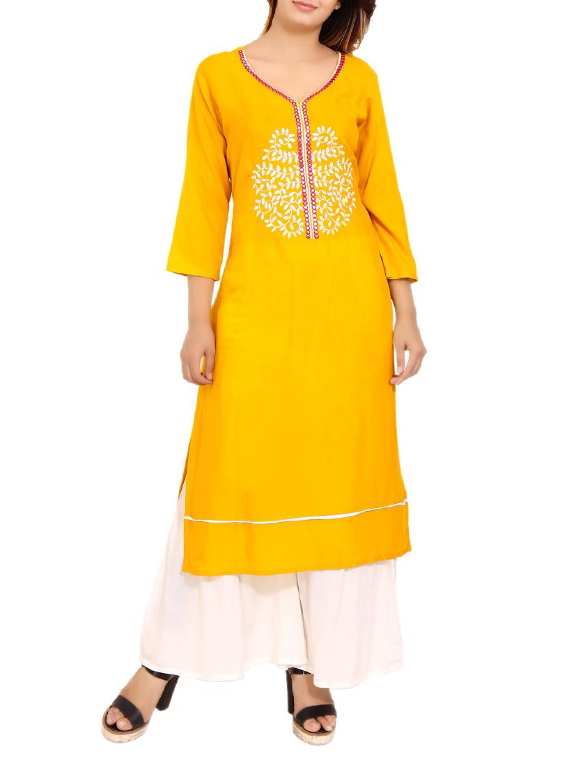 yellow rayon straight kurta - 14531370 - Zoom Image - 1