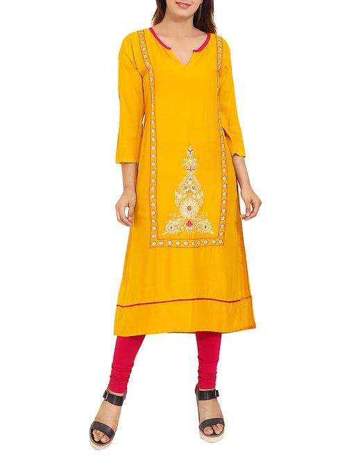 yellow rayon straight kurta - 14531374 - Very Small Image - 1