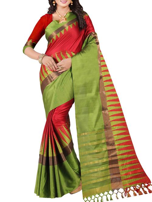 red cotton silk woven saree with blouse - 14531433 - Very Small Image - 1