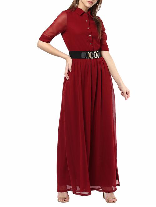 maroon solid belted maxi dress - 14531454 - Standard Image - 1