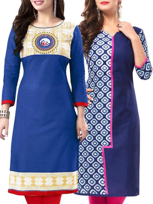 set of 2 blue cotton unstitched kurta combo - 14531587 - Very Small Image - 1
