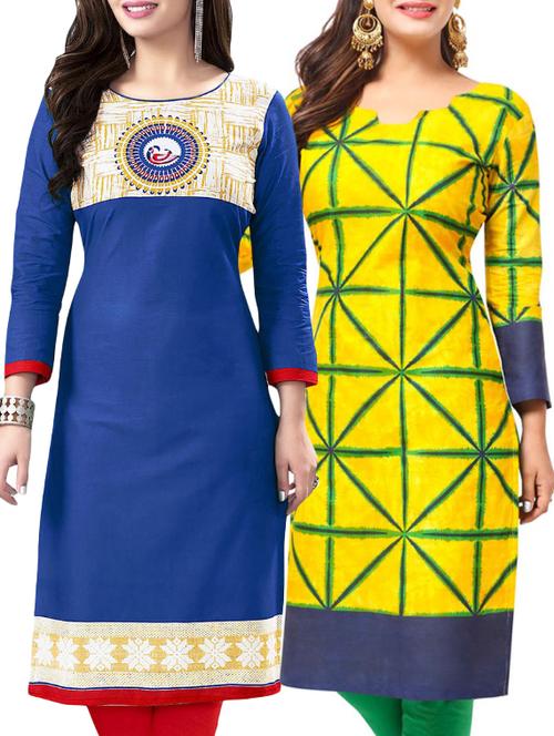 set of 2 multi colored cotton unstitched kurta combo - 14531589 - Very Small Image - 1