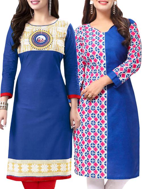 set of 2 blue cotton unstitched kurta combo - 14531595 - Very Small Image - 1