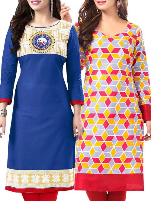 set of 2 multi colored cotton unstitched kurta combo - 14531597 - Very Small Image - 1