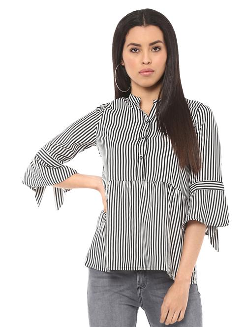 Striped band collar flute sleeved top - 14531902 - Standard Image - 1