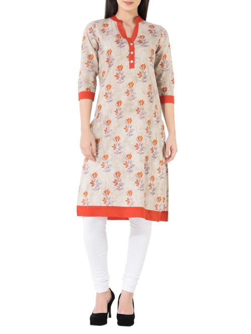 Beige cotton straight kurta - 14531994 - Standard Image - 1