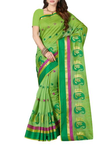 green cotton blend woven saree with blouse - 14532006 - Very Small Image - 1