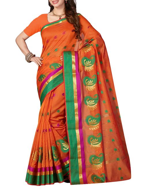 orange cotton blend woven saree with blouse - 14532007 - Very Small Image - 1