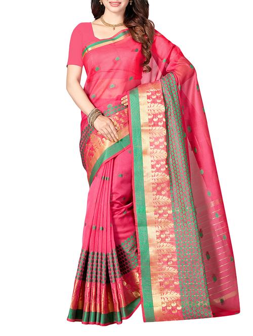 pink cotton blend woven saree with blouse - 14532010 - Very Small Image - 1