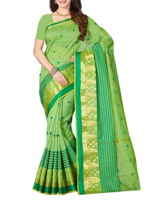 green cotton blend woven saree with blouse - 14532012 - Very Small Image - 1