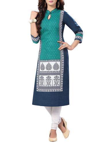 turquoise cotton straight kurta - 14532027 - Very Small Image - 1