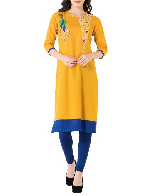 mustard cotton embroidered straight kurta - 14532032 - Very Small Image - 1