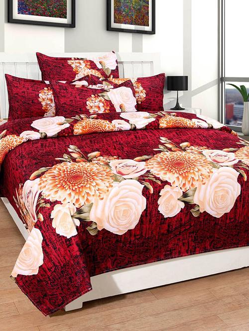 Floral Print Microfibre Double Bedsheet with 2 Pillow Covers - 14532037 - Very Small Image - 1